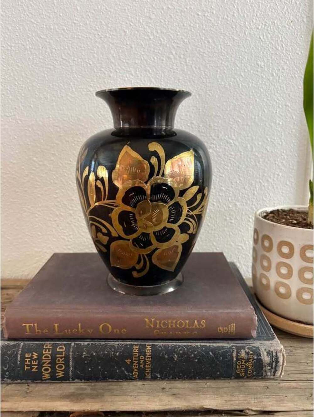 Beautiful etched brass vase floral leaves